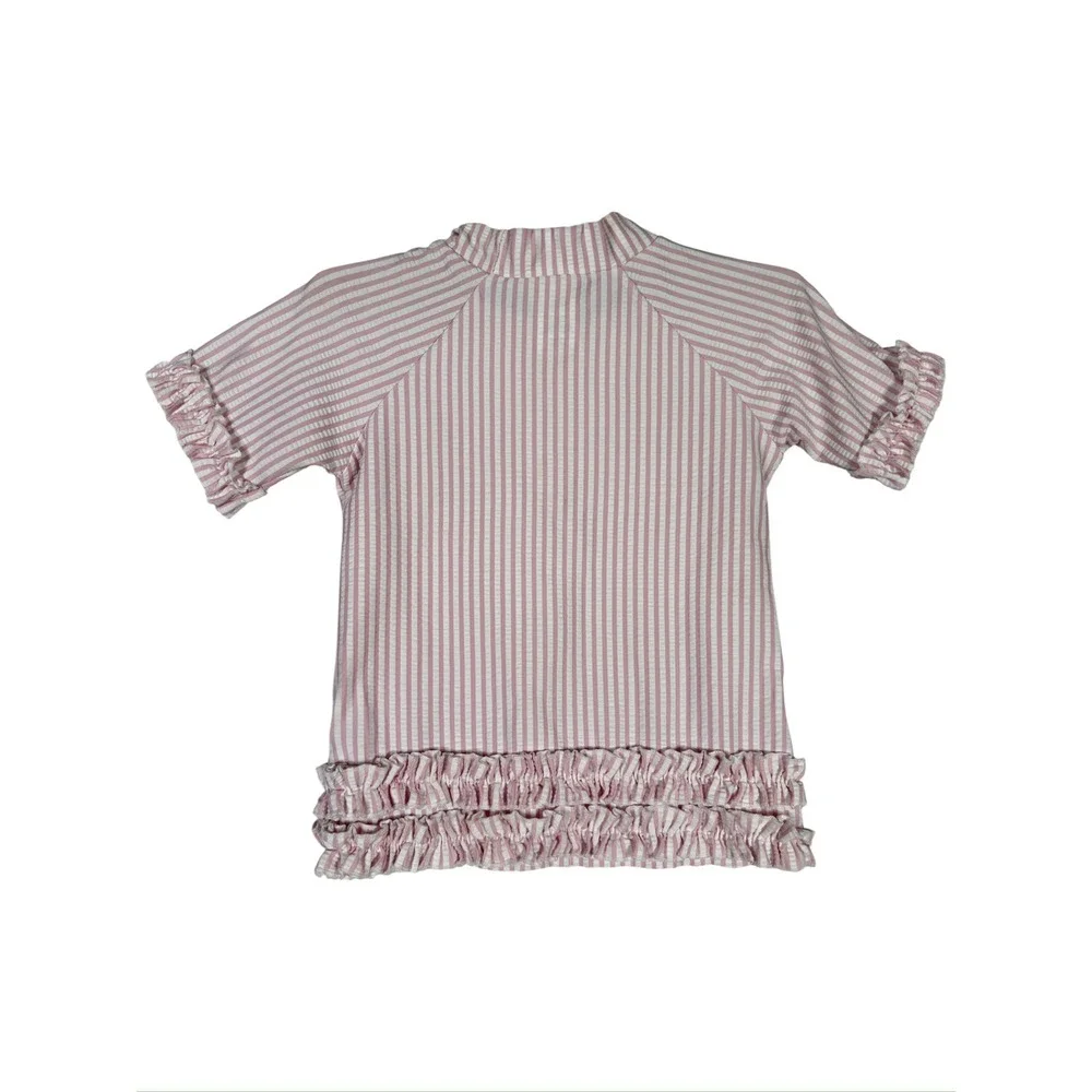 RuffleButts Girls Pink Seersucker Rash Guard Swim Set Ruffle Bottoms Size 3T